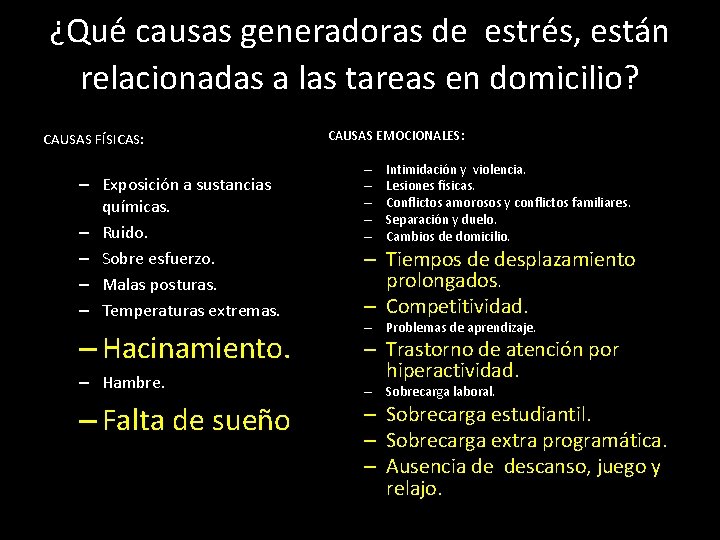 ¿Qué causas generadoras de estrés, están relacionadas a las tareas en domicilio? CAUSAS FÍSICAS: