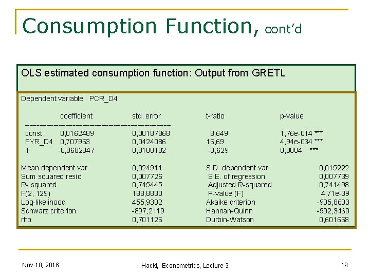 Consumption Function, cont’d OLS estimated consumption function: Output from GRETL Dependent variable : PCR_D