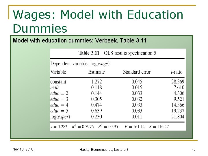 Wages: Model with Education Dummies Model with education dummies: Verbeek, Table 3. 11 Nov