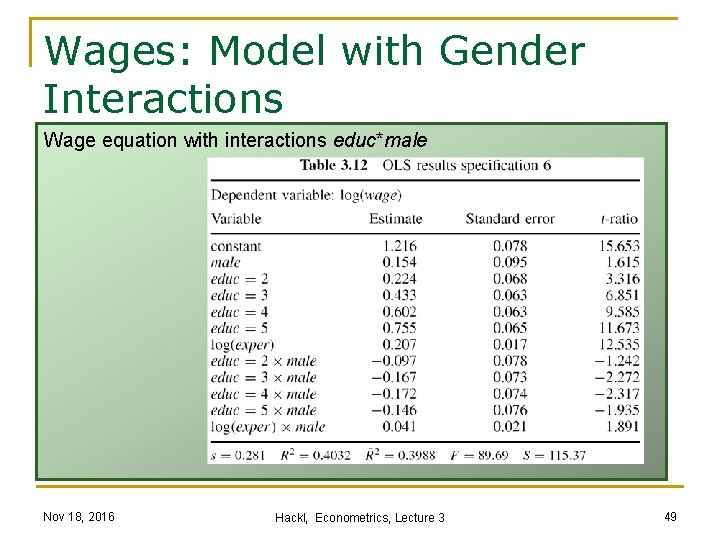 Wages: Model with Gender Interactions Wage equation with interactions educ*male Nov 18, 2016 Hackl,