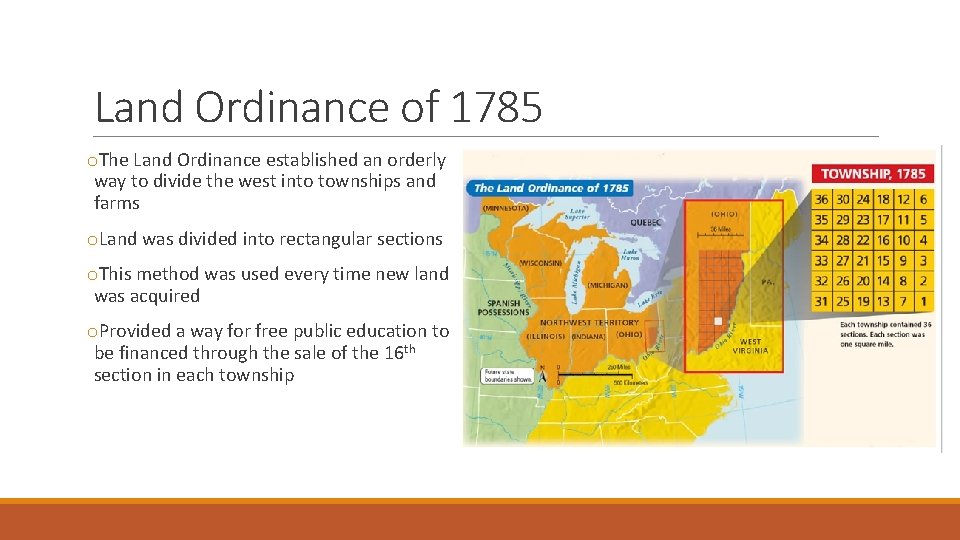 Land Ordinance of 1785 o. The Land Ordinance established an orderly way to divide