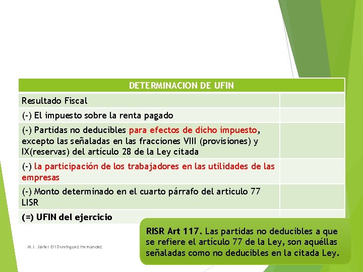 DETERMINACION DE UFIN Resultado Fiscal (-) El impuesto sobre la renta pagado (-) Partidas DETERMINACION DE UFIN Resultado Fiscal (-) El impuesto sobre la renta pagado (-) Partidas
