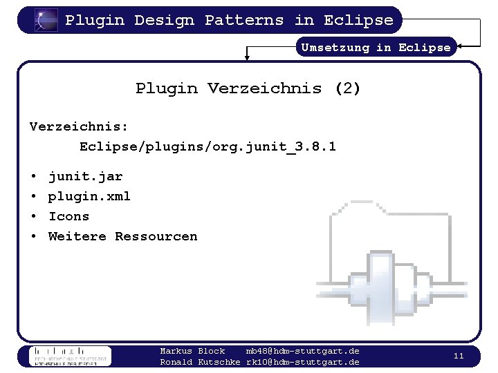 Plugin Design Patterns in Eclipse Umsetzung in Eclipse Plugin Verzeichnis (2) Verzeichnis: Eclipse/plugins/org. junit_3.