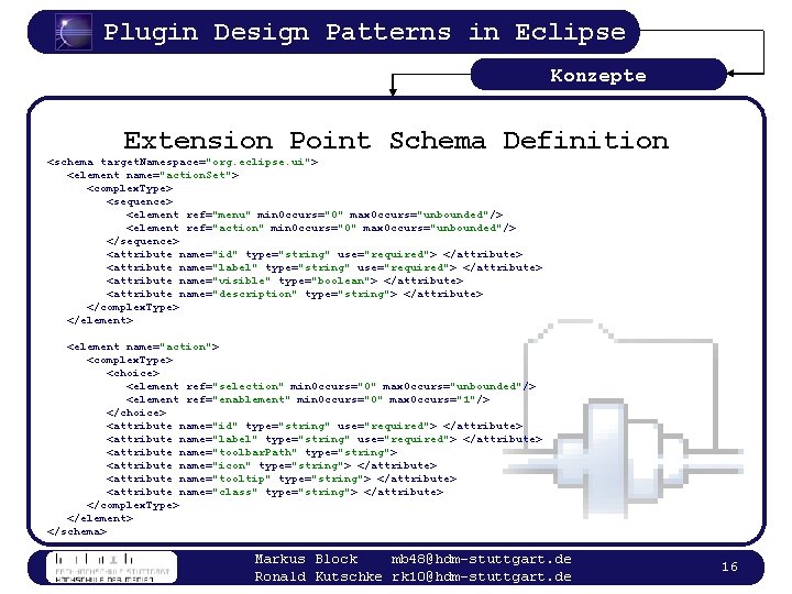 Plugin Design Patterns in Eclipse Konzepte Extension Point Schema Definition <schema target. Namespace="org. eclipse.