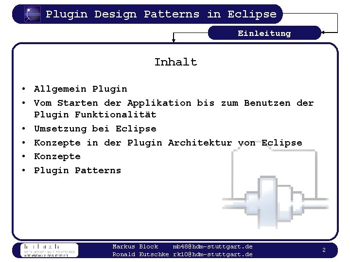 Plugin Design Patterns in Eclipse Einleitung Inhalt • Allgemein Plugin • Vom Starten der