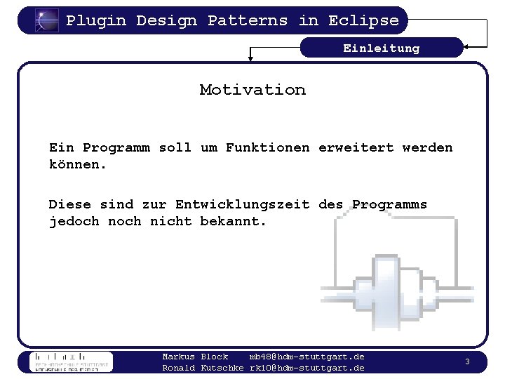 Plugin Design Patterns in Eclipse Einleitung Motivation Ein Programm soll um Funktionen erweitert werden