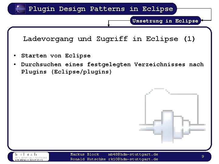 Plugin Design Patterns in Eclipse Umsetzung in Eclipse Ladevorgang und Zugriff in Eclipse (1)