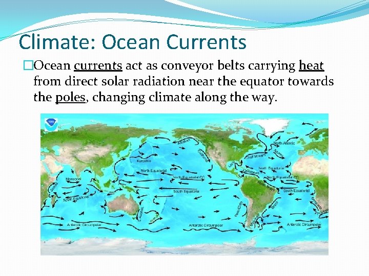 Climate: Ocean Currents �Ocean currents act as conveyor belts carrying heat from direct solar