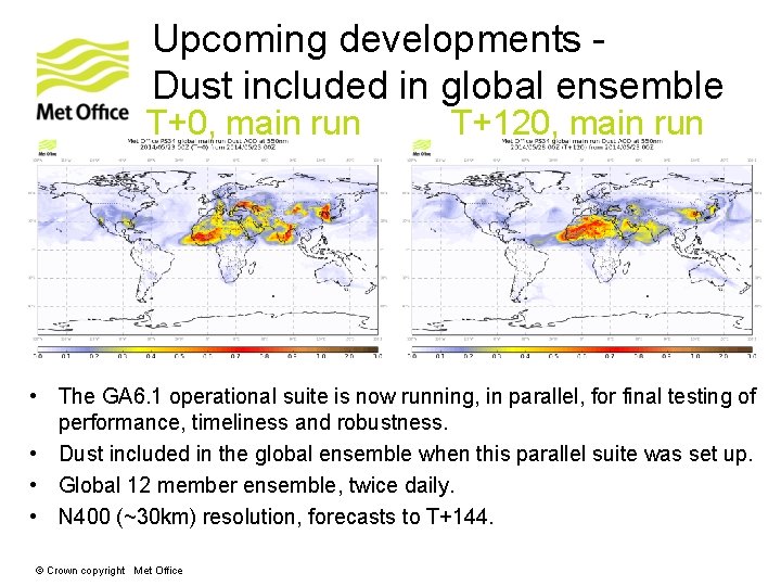 Upcoming developments Dust included in global ensemble T+0, main run T+120, main run •