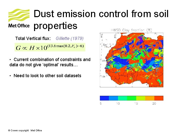 Dust emission control from soil properties Total Vertical flux: Gillette (1979) • Current combination