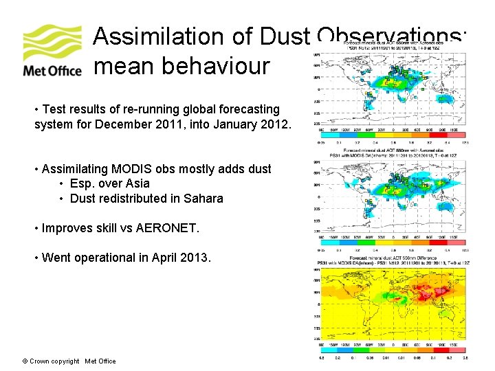 Assimilation of Dust Observations: mean behaviour • Test results of re-running global forecasting system