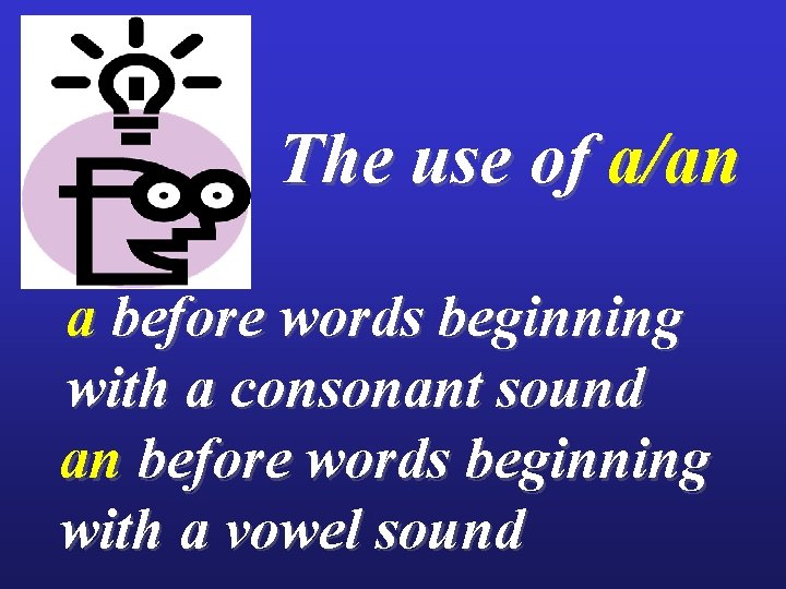 The use of a/an a before words beginning with a consonant sound an before