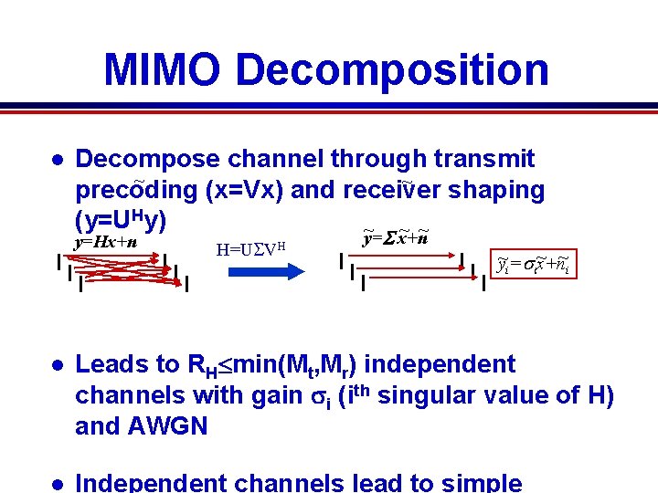 MIMO Decomposition l Decompose channel through transmit ~ ~ precoding (x=Vx) and receiver shaping