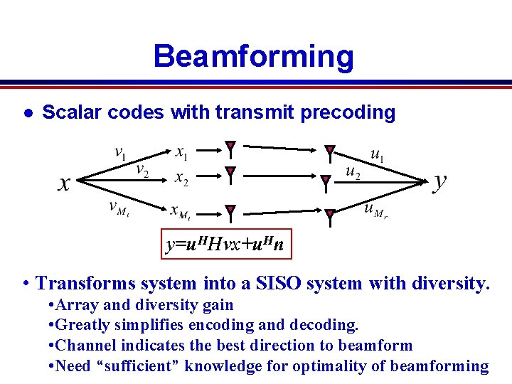 Beamforming l Scalar codes with transmit precoding y=u. HHvx+u. Hn • Transforms system into