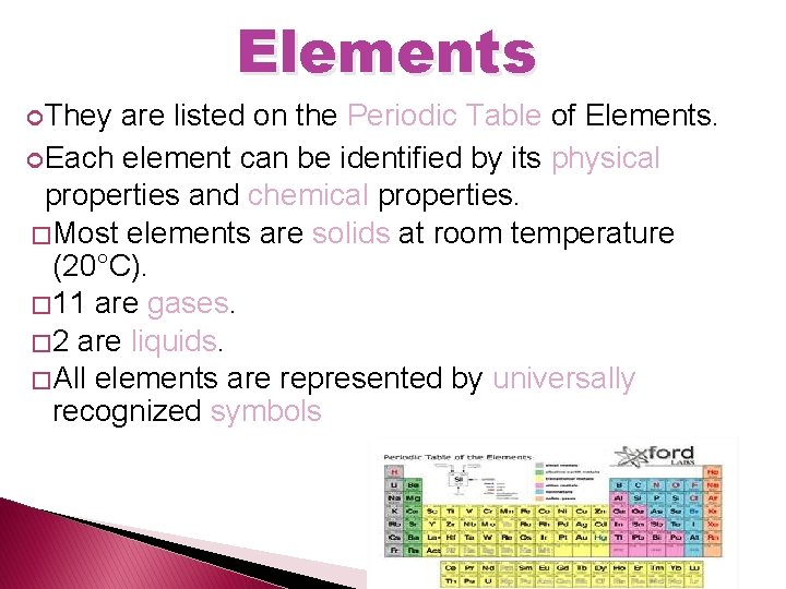 Elements They are listed on the Periodic Table of Elements. Each element can be