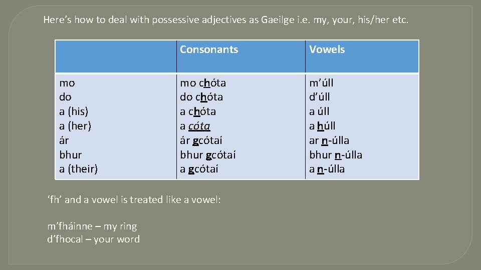 Here’s how to deal with possessive adjectives as Gaeilge i. e. my, your, his/her