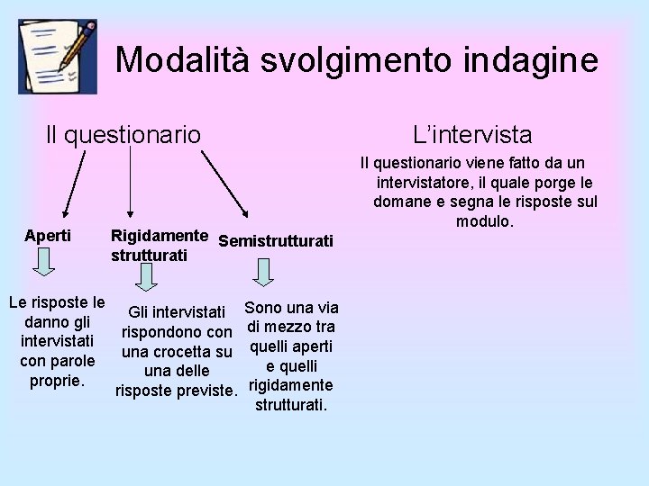 Modalità svolgimento indagine Il questionario Aperti L’intervista Rigidamente Semistrutturati Le risposte le Gli intervistati