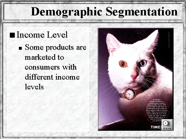 Demographic Segmentation n Income Level n Some products are marketed to consumers with different