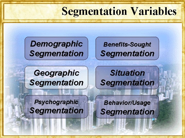 Segmentation Variables Demographic Segmentation Geographic Segmentation Situation Segmentation Psychographic Behavior/Usage Segmentation Benefits-Sought Segmentation 