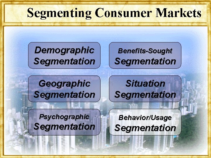 Segmenting Consumer Markets Demographic Segmentation Geographic Segmentation Situation Segmentation Psychographic Behavior/Usage Segmentation Benefits-Sought Segmentation