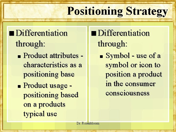 Positioning Strategy n Differentiation through: Product attributes characteristics as a positioning base n Product