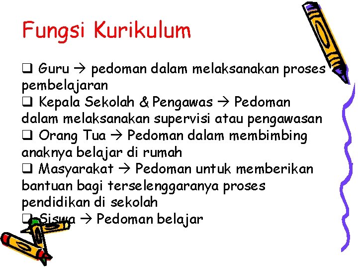 Fungsi Kurikulum q Guru pedoman dalam melaksanakan proses pembelajaran q Kepala Sekolah & Pengawas Fungsi Kurikulum q Guru pedoman dalam melaksanakan proses pembelajaran q Kepala Sekolah & Pengawas