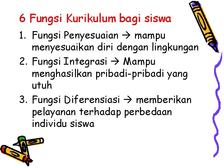 6 Fungsi Kurikulum bagi siswa 1. Fungsi Penyesuaian mampu menyesuaikan diri dengan lingkungan 2. 6 Fungsi Kurikulum bagi siswa 1. Fungsi Penyesuaian mampu menyesuaikan diri dengan lingkungan 2.