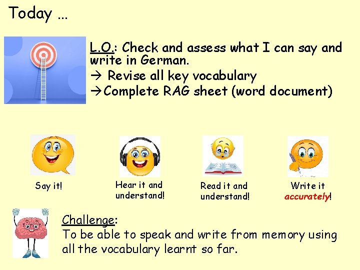 Today … L. O. : Check and assess what I can say and write