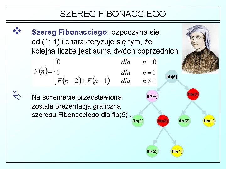 SZEREG FIBONACCIEGO v Szereg Fibonacciego rozpoczyna się od (1; 1) i charakteryzuje się tym,