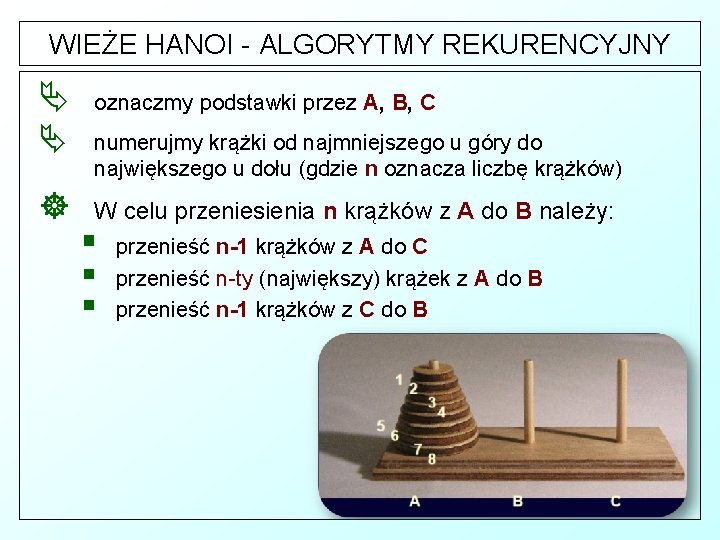 WIEŻE HANOI - ALGORYTMY REKURENCYJNY Ä Ä ] oznaczmy podstawki przez A, B, C