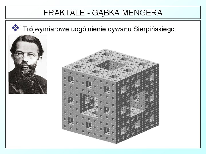 FRAKTALE - GĄBKA MENGERA v Trójwymiarowe uogólnienie dywanu Sierpińskiego. 