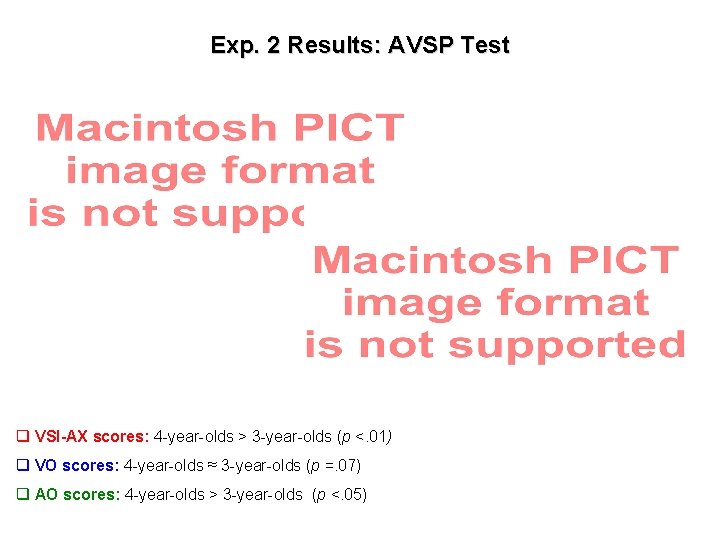 Exp. 2 Results: AVSP Test q VSI-AX scores: 4 -year-olds > 3 -year-olds (p