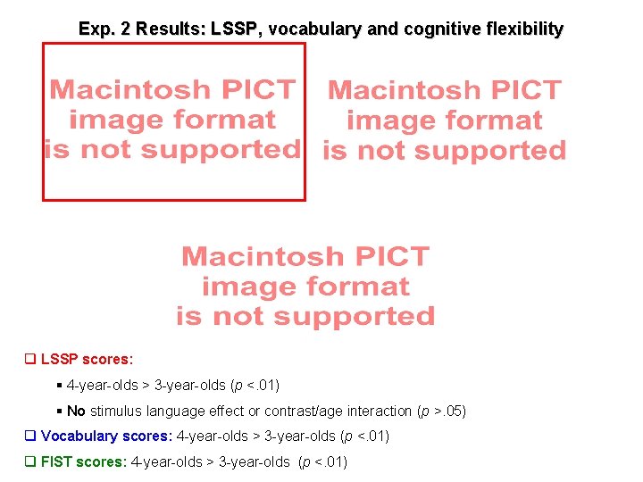 Exp. 2 Results: LSSP, vocabulary and cognitive flexibility q LSSP scores: § 4 -year-olds
