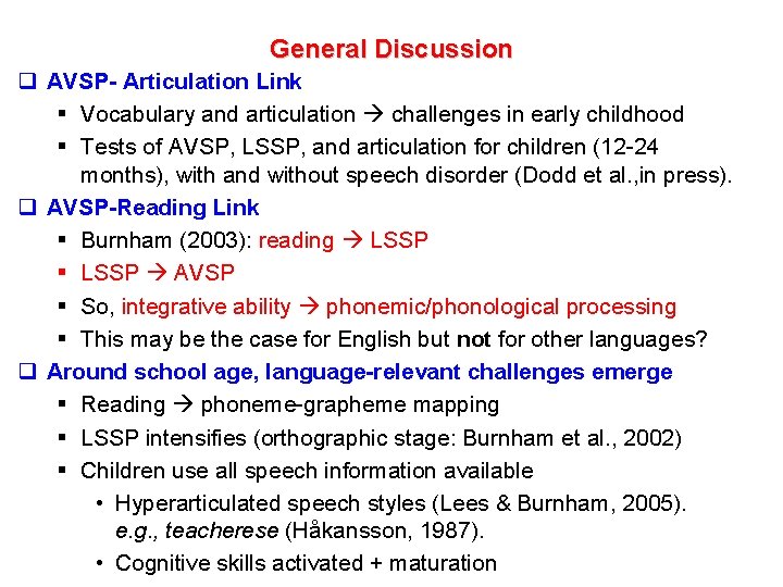 General Discussion q AVSP- Articulation Link § Vocabulary and articulation challenges in early childhood