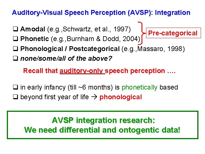 Auditory-Visual Speech Perception (AVSP): Integration q Amodal (e. g. , Schwartz, et al. ,