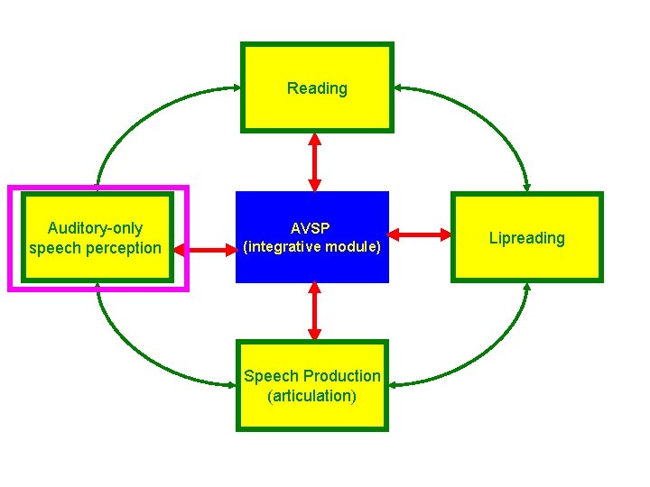 Reading Auditory-only speech perception AVSP (integrative module) Speech Production (articulation) Lipreading 
