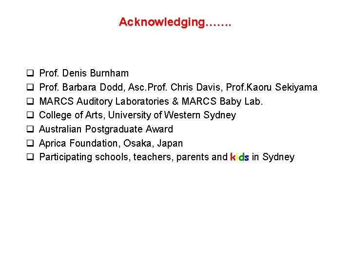 Acknowledging……. q q q q Prof. Denis Burnham Prof. Barbara Dodd, Asc. Prof. Chris