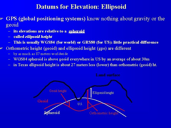 F F Datums for Elevation: Ellipsoid GPS (global positioning systems) know nothing about gravity