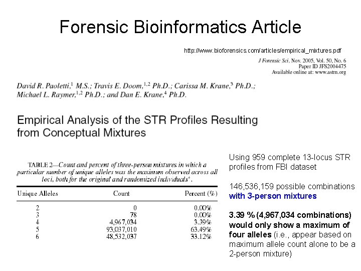 Forensic Bioinformatics Article http: //www. bioforensics. com/articles/empirical_mixtures. pdf Using 959 complete 13 -locus STR