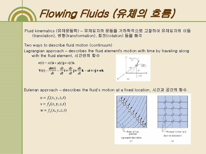 Flowing Fluids (유체의 흐름) Fluid kinematics (유체운동학) – 유체입자의 운동을 기하학적으로 고찰하여 유체입자의 이동