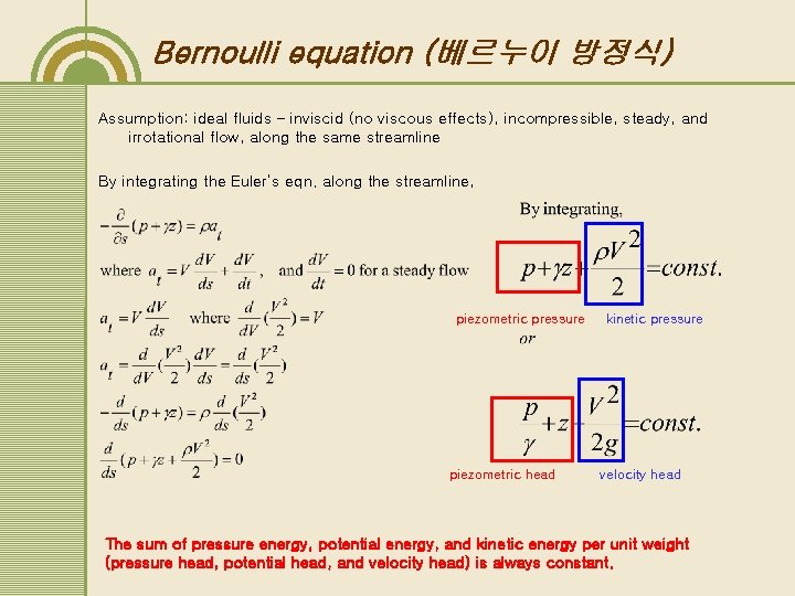 Bernoulli equation (베르누이 방정식) Assumption: ideal fluids – inviscid (no viscous effects), incompressible, steady,