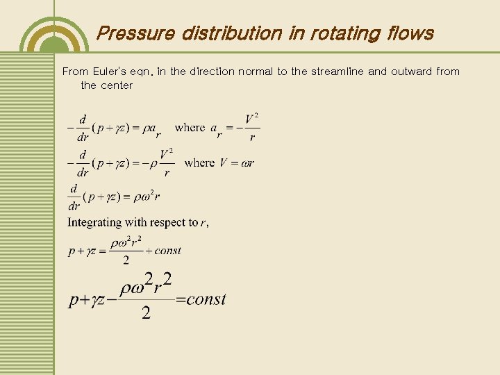 Pressure distribution in rotating flows From Euler’s eqn. in the direction normal to the
