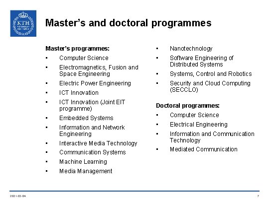 Master’s and doctoral programmes 2021 -03 -04 Master’s programmes: • Nanotechnology • Computer Science