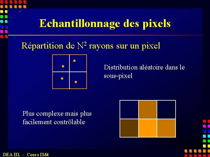 Echantillonnage des pixels Répartition de N 2 rayons sur un pixel Distribution aléatoire dans