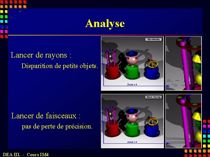 Analyse Lancer de rayons : Disparition de petits objets. Lancer de faisceaux : pas