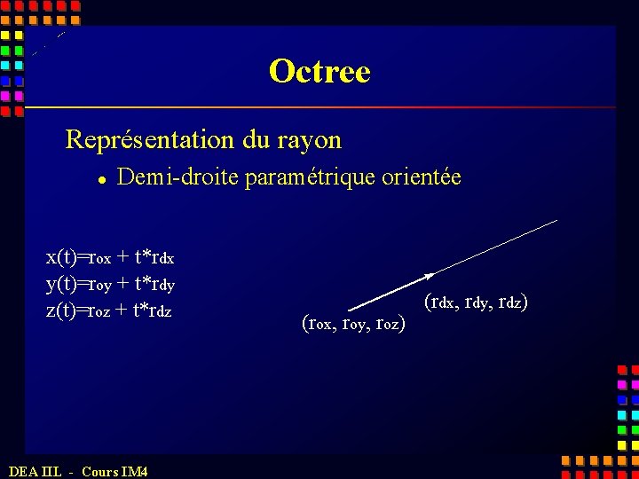 Octree Représentation du rayon l Demi-droite paramétrique orientée x(t)=rox + t*rdx y(t)=roy + t*rdy