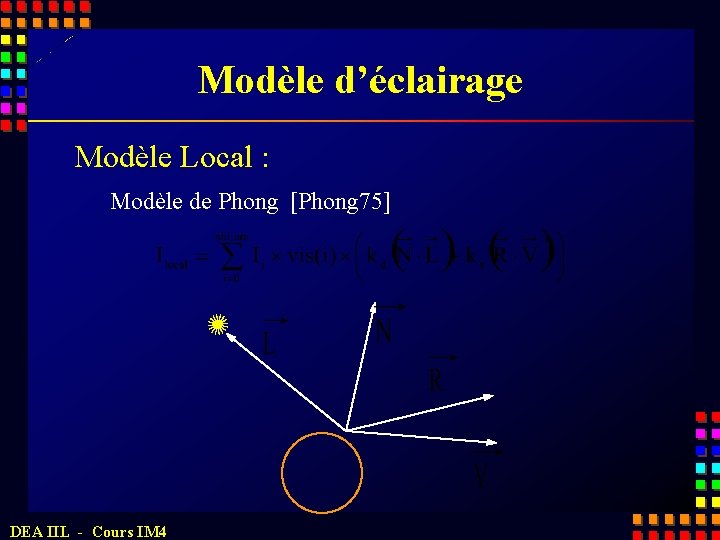 Modèle d’éclairage Modèle Local : Modèle de Phong [Phong 75] DEA IIL - Cours