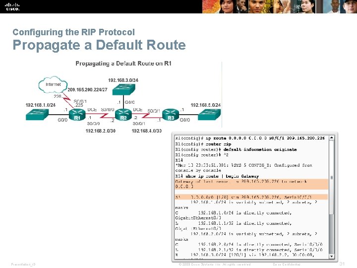 Configuring the RIP Protocol Propagate a Default Route Presentation_ID © 2008 Cisco Systems, Inc.