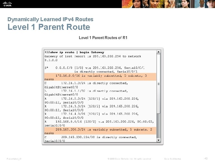 Dynamically Learned IPv 4 Routes Level 1 Parent Route Presentation_ID © 2008 Cisco Systems,