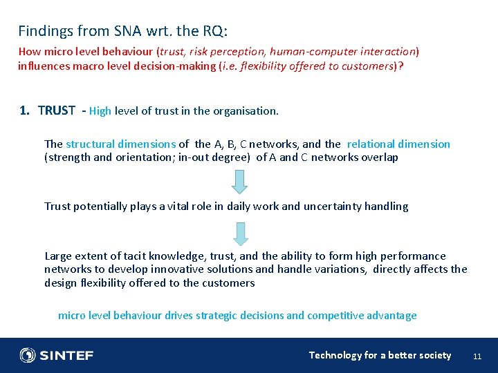 Findings from SNA wrt. the RQ: How micro level behaviour (trust, risk perception, human-computer